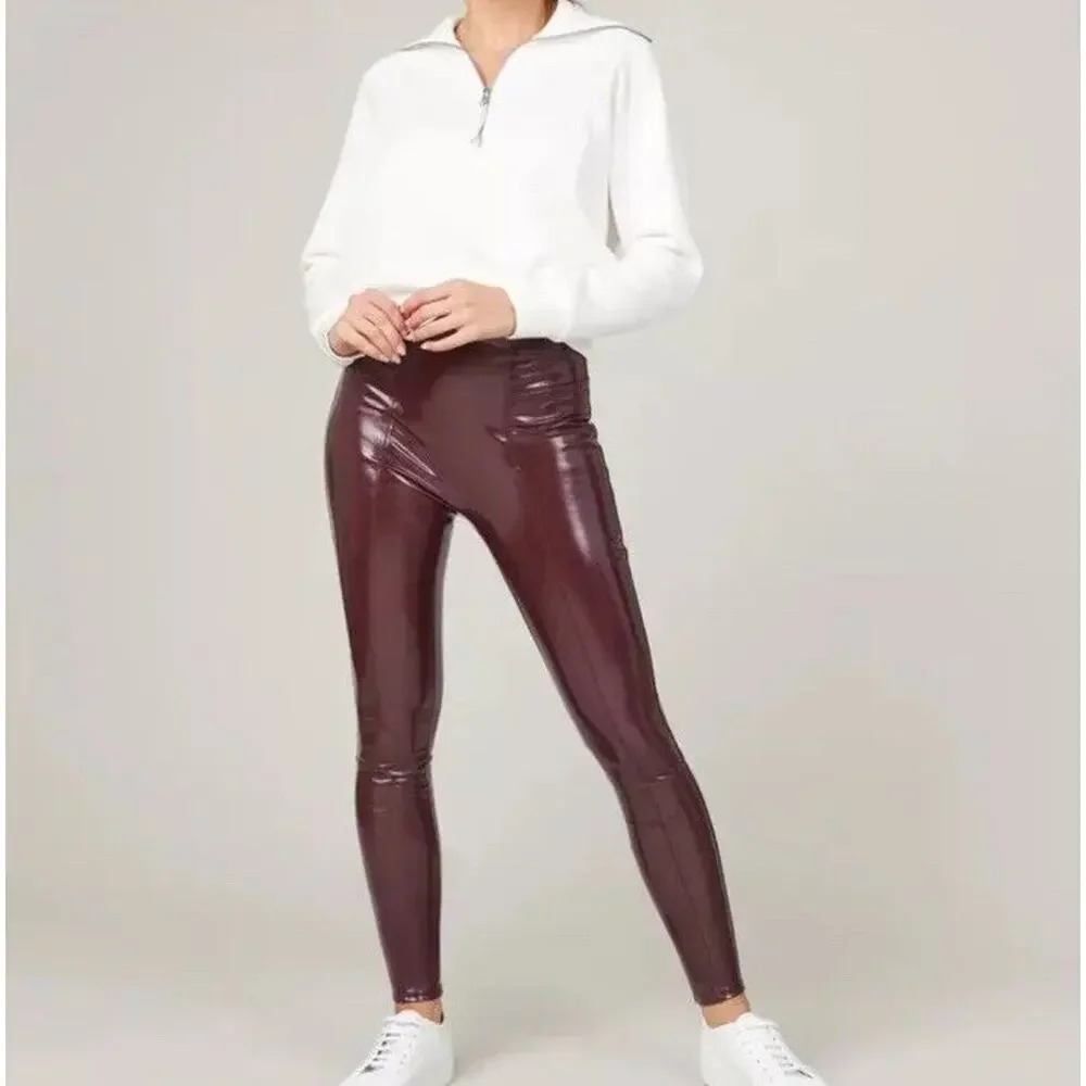 Spanx Leggings Womens MP Red Faux Patent Leather High Rise Shaping‎ Slimming